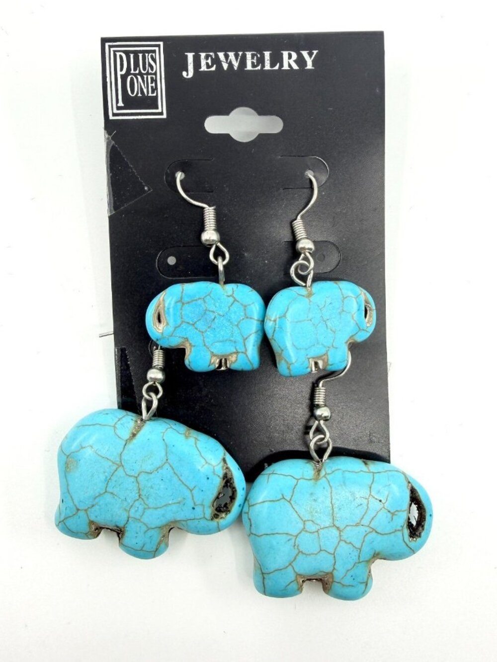 Plus One Faux Turquoise Howlite Elephant Statement Dangle Earrings Boho Western